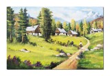 Cumpara ieftin Tablou peisaj de la munte cu case si tarancuta pictat manual, Pe plaiuri mioritice, 120x80cm ulei pe panza, Constantin Feraru