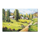 Tablou peisaj de la munte cu case si tarancuta pictat manual, Pe plaiuri mioritice, 120x80cm ulei pe panza, Constantin Feraru