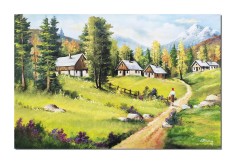 Tablou peisaj de la munte cu case si tarancuta pictat manual, Pe plaiuri mioritice, 120x80cm ulei pe panza, Constantin Feraru