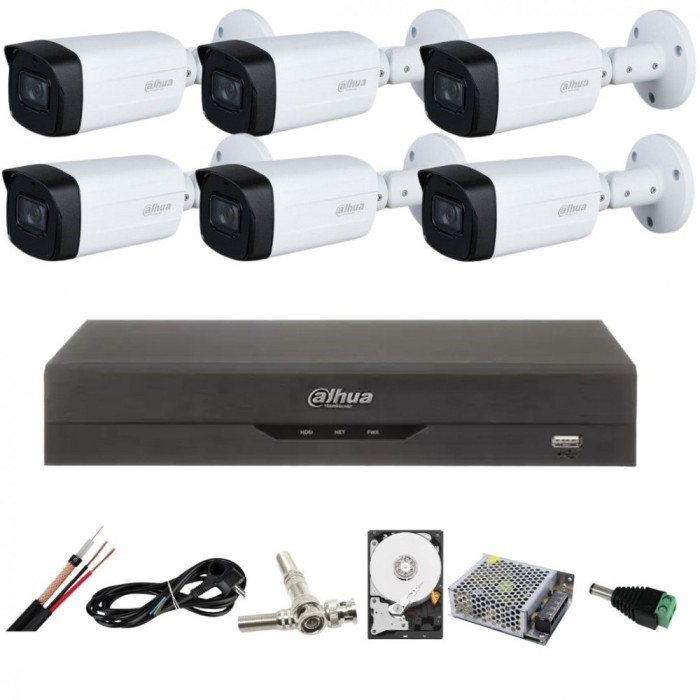 Sistem de supraveghere Dahua cu 6 camere 5 MP, IR 80M, lentila 3.6MM, Starlight, DVR Dahua 8 canale, 8MP, Hard, Accesorii incluse SafetyGuard Surveill