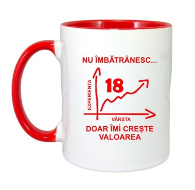 Cana maner rosu personalizata &amp;quot;Nu imbatranesc doar imi creste valoarea, 18 ani&amp;quot;, INOVATIX&amp;reg;. 330ml foto
