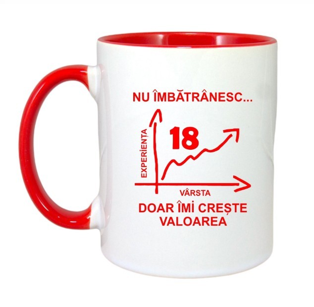 Cana maner rosu personalizata &quot;Nu imbatranesc doar imi creste valoarea, 18 ani&quot;, INOVATIX&reg;. 330ml