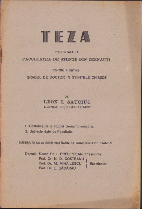 HST C322 Teza doctorat chimie 1933 Cernauti Leon Sauciuc