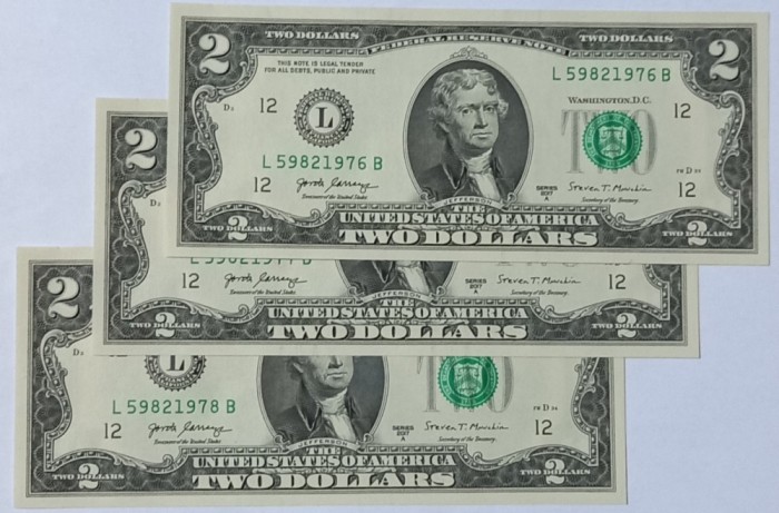 S.U.A., 3 x 2 Dolari 2017, UNC, Consecutive.