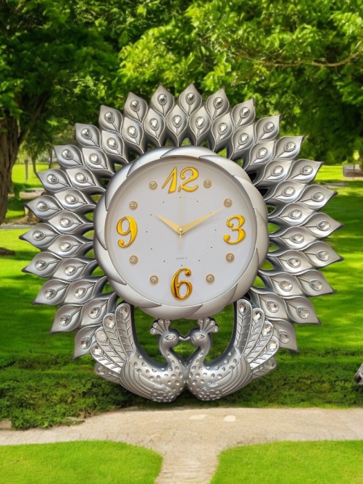 Ceas de perete argintiu tip păuni 54 cm