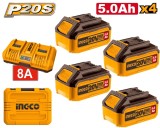 Cumpara ieftin Set baterii 20V 5.0Ah (4 buc) cu incarcator dublu 4A+4A, pentru scule P20S, acumulator INGCO FBCLI20285