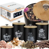 Set 4 piese recipiente bucatarie, Ruhhy, ermetice, 1.5 l, negru mat, capac bambus, 17 x 11 x 11 cm