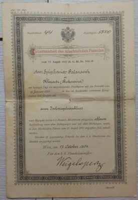 Brevet de inventie eliberat de Ministerul Comertului, Bucovina 1894 foto