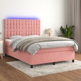 Cumpara ieftin Pat cu arcuri, cu saltea și LED, roz, 140x190 cm catifea