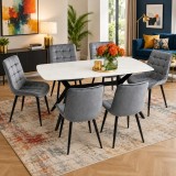 Set masa living Elegant FDT4, blat ceramica, structura metalica, 140x80x75 cm, alb gri si 6 scaune Gloria FDC20, tapiterie catifea, 90 kg, gri
