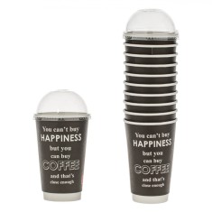 Set Pahare Carton, Model &amp;quot;You can&amp;#039;t buy Happiness&amp;quot;, Negru, Capacitate 480ml, 10 Buca?i, Capac Plastic Transparent foto