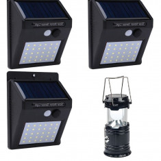 Set 3 lampi solare de perete cu senzor de miscare si lumina cu 30 leduri Felinar Camping Panou Solar si USB