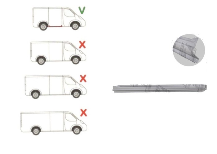 Prag MERCEDES SPRINTER, 07.2006-2018, VW CRAFTER (2E), 12.2005-04.2017, partea dreapta, metal galvanizat; sub usa culisanta; lungime 1286 mm; spatiu