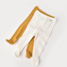 Set 2 pantaloni cu botosei bebe unisex din bumbac organic si modal - Mustar/Ecru, BabyCosy (Marime: 3-6 Luni)