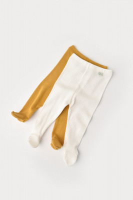 Set 2 pantaloni cu botosei bebe unisex din bumbac organic si modal - Mustar/Ecru, BabyCosy (Marime: 3-6 Luni) foto