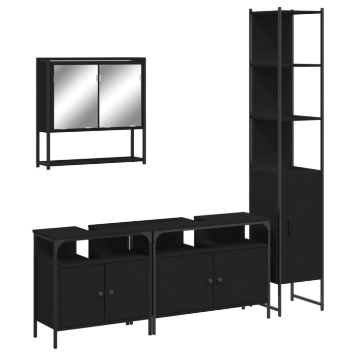 Set mobilier de baie, 4 piese, negru, lemn prelucrat
