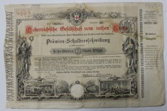 OESTERREICHEISCHE GESELLSCHAFT VOM ROTHEN KREUZE , TITLU DE 10 GULDENI , EMIS 1882 foto