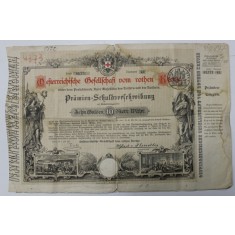 OESTERREICHEISCHE GESELLSCHAFT VOM ROTHEN KREUZE , TITLU DE 10 GULDENI , EMIS 1882