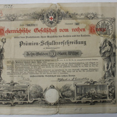 OESTERREICHEISCHE GESELLSCHAFT VOM ROTHEN KREUZE , TITLU DE 10 GULDENI , EMIS 1882