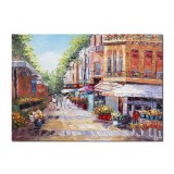 Tablou peisaj citadin pictat manual, Strada florilor, 70x50cm ulei in cutit, Superb