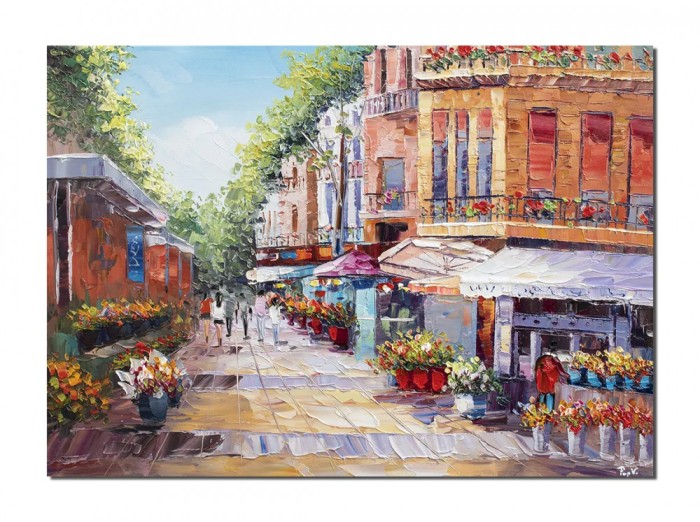 Tablou peisaj citadin pictat manual, Strada florilor, 70x50cm ulei in cutit, Superb