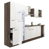 Mobilier de bucătărie Yorki 300, corp din stejar Yorki, față alb satinat, frigider cu congelator superior