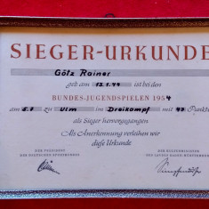 Certificat castigator Jocuri sportive Triatlon (Germania) din anul 1954