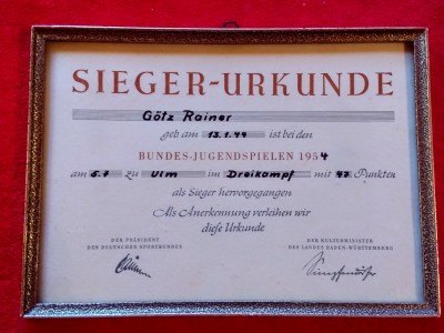 Certificat castigator Jocuri sportive Triatlon (Germania) din anul 1954 foto