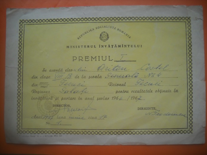 HOPCT DIPLOMA PREMIUL I SCOLAR-1966 -1967 NR 86 RSR MINISTERUL INVATAMINTULUI