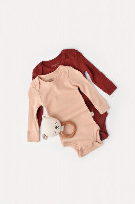 Set 2 body-uri cu maneca lunga bebe unisex din bumbac organic si modal - Caramiziu/Somon, BabyCosy (Marime: 3-6 Luni) foto