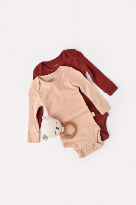 Set 2 body-uri cu maneca lunga bebe unisex din bumbac organic si modal - Caramiziu/Somon, BabyCosy (Marime: 3-6 Luni)