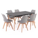 Set sufragerie Silla 150 6+1 Leziter, masa MDF negru 150cm, scaune gri polipropilena, picioare lemn fag