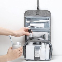 Geanta cosmetice voiaj, Cyrax, material panza, impermeabil, 3 compartimente, cu agatatoare, Gri, 47 x 28 x 20 cm