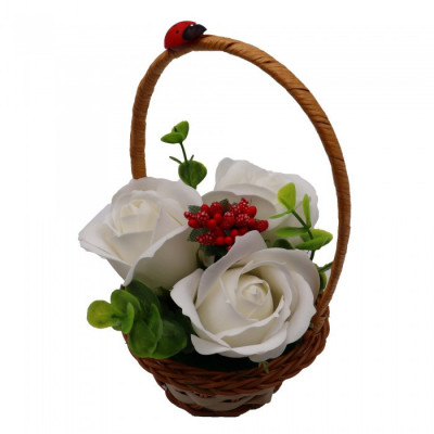 Aranjament Floral, Cosulet Trandafiri, 3 Trandafiri Albi din Sapun foto