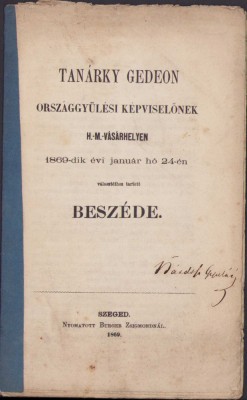 HST 53SP Tanarky Gedeon orszaggyulesi ... beszede 1869 Szeged foto