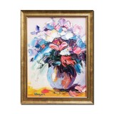Tablou vaza cu flori impasto pictat manual inramat, 45x35cm ulei pe panza, rama din lemn, Geo Ungureanu