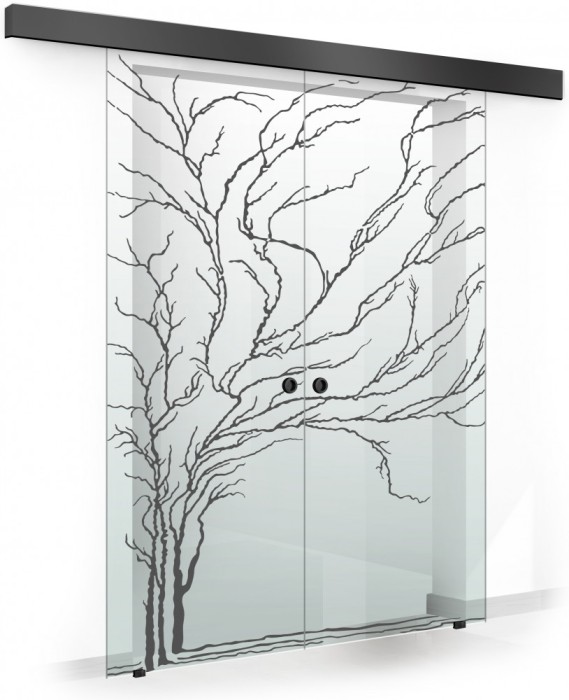 Usa culisanta Boss &reg; Duo Black model Tree negru, 60+60x215 cm, sticla Gri securizata, glisanta in ambele directii