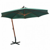 Umbrelă de soare suspendată 350 cm, st&acirc;lp din lemn, verde, vidaXL