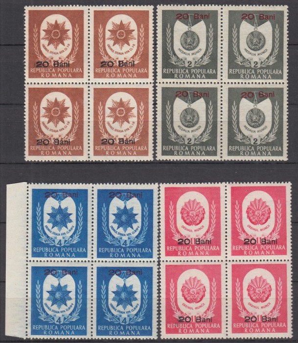 ROMANIA 1952 LP 311 ORDINE SI MEDALII SUPRATIPAR BLOCURI DE 4 TIMBRE STARE MNH