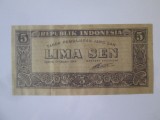 Rara! Indonezia 5 Sen 1945 in stare foarte buna,bancnota din imagini