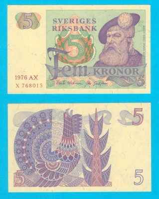 Suedia (p#51) 5 Kronor 1976 aUNC+ &amp;#039;Gustaf Vasa&amp;#039; serie: X 768015 foto