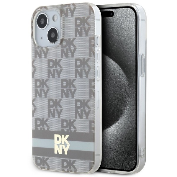 Husa iPhone 15 Plus DKNY IML Checkered Mono Pattern &amp; Printed Stripes MagSafe, bej, DKHMP15MHCPTSE