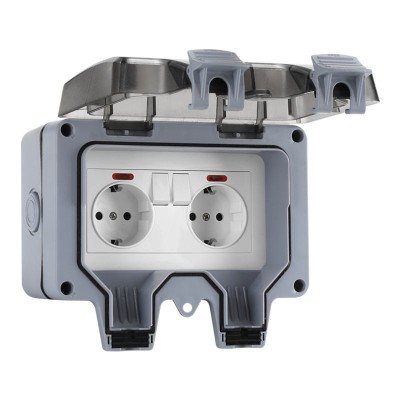 Priza electrica exterior, ABS, Dubla, IP66, 168x110x100mm, Gri/Alb foto