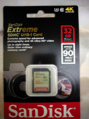 Sandisk Extreme SDHC UHS-1, 32 GB, clasa 10, 4k ultra HD, 90MB/s foto