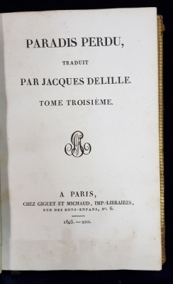 PARADIS PERDU traduit par JACQUES DELILLE, TOM. III - PARIS, 1805 foto