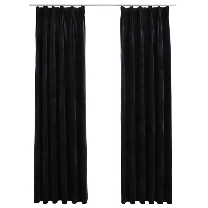 Draperii opace cu carlige, 2 buc., negru, 140x245 cm, catifea