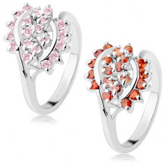 Inel lucios argintiu decorat cu zirconii decupate, arce lucioase - Marime inel: 52, Culoare: Roz