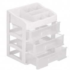 Organizator cosmetice, plastic, 4 niveluri, 3 sertare, alb, 23.3x17x26.5 cm, Springos