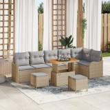Set de canapea de grădină vidaXL cu 9 piese și perne Bej Ratan Poly Acacia