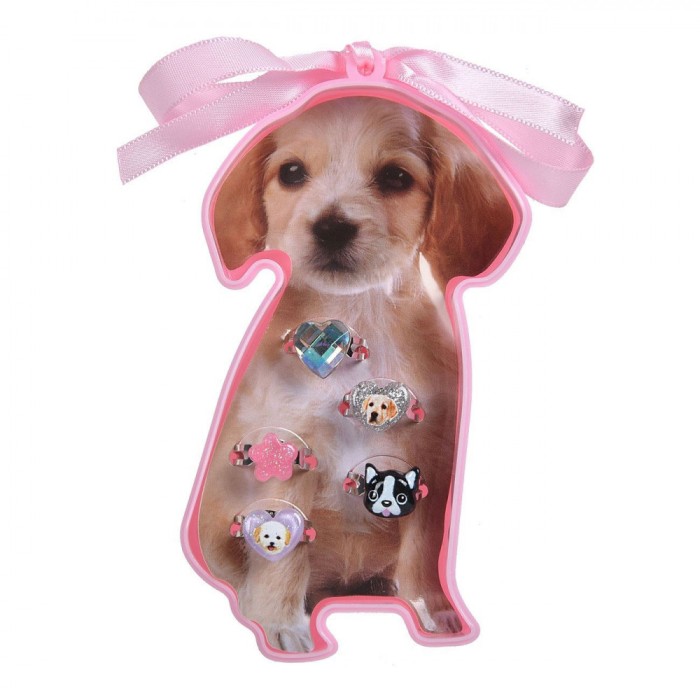 Set Inele Copii, Model Multicolor, 5 Bucăți, Ajustabile, &Icirc;n Cutie Formă C&acirc;ine